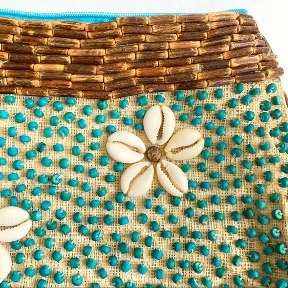 Vintage Mido teal blue brown straw wood seashell beading toiletry pouch bag - Picture 3 of 5